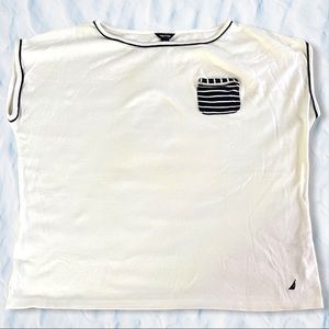 Nautica Women’s 100% Cotton Short Sleeve Shirt, White with Blue Trim | Size: L